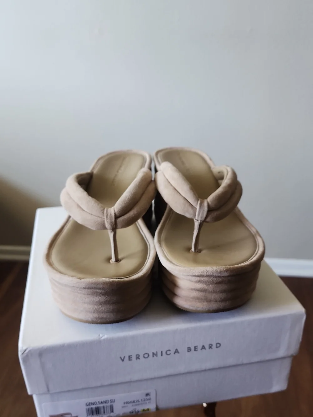 Veronica Beard Suede Beige Platform Wedge Thong Sandals